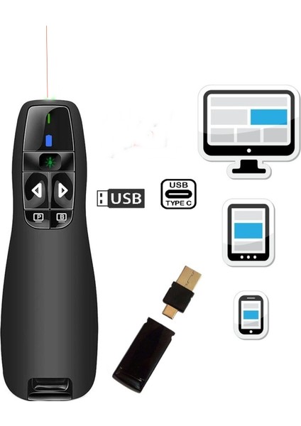 Lazerli Sunum Kumandası R400 Yeni Nesil Typ-C & USB Telefon Tablet Pc Cihazlara Uyumlu
