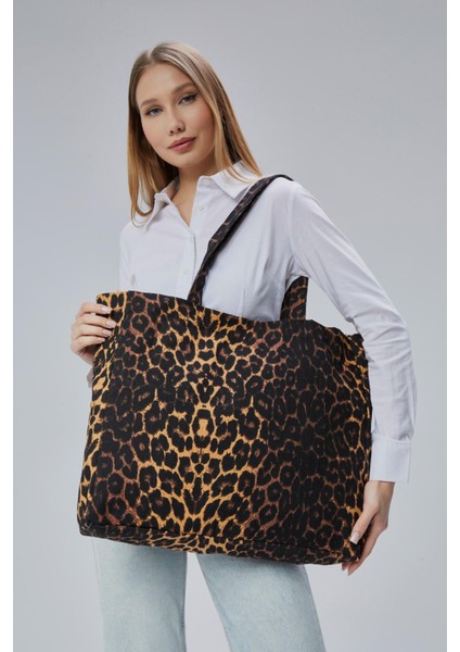 Geçişli Leopar Desen Büyük Boy Çanta