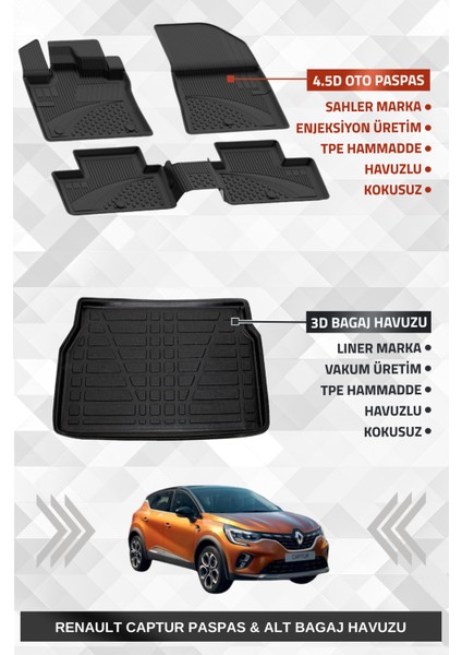 Renault Captur 2020+ Uyumlu 4.5d Premium Havuzlu Paspas ve Liner Marka 3D Alt Bagaj Havuzu