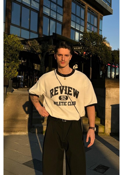 Athletic Club 92 Baskılı Ekru Oversize Tişört