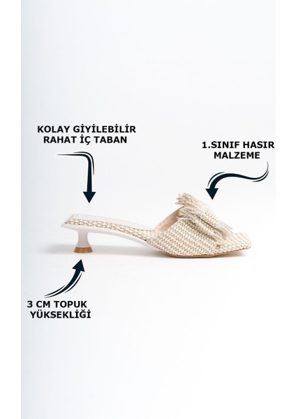 Krem Hasır Görünümlü Fiyonk Detaylı Ince Kısa Topuklu Kadın Abiye Yazlık Günlük Terlik Sandalet