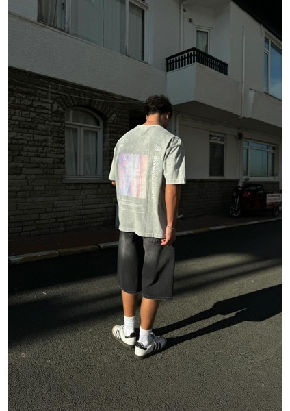 1989 Baskılı Acid Wash Gri Oversize Tişört indirimleri