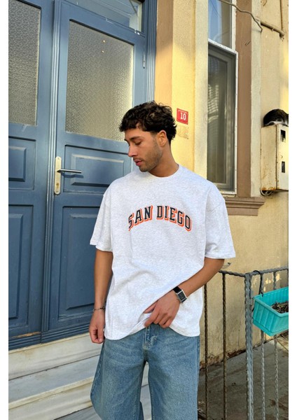San Diego Baskılı Gri Melanj Oversize Tişört