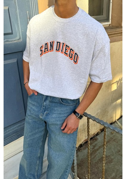 San Diego Baskılı Gri Melanj Oversize Tişört