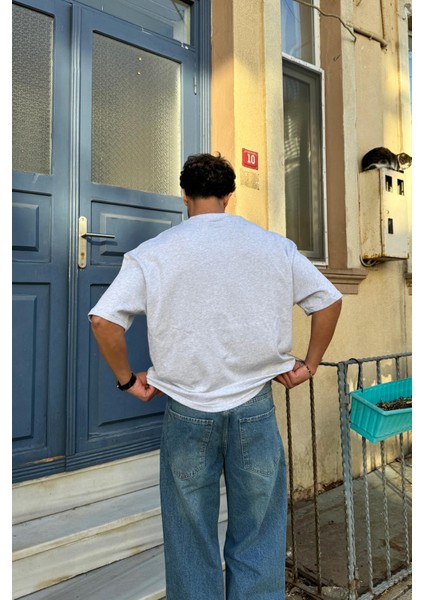 San Diego Baskılı Gri Melanj Oversize Tişört