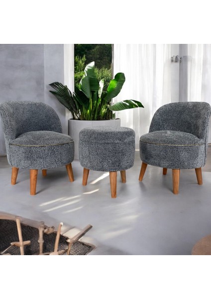 Gri Teddy Kumaş Çay Seti Ikili Koltuk Berjer ve Sandık Puf Takımı (Salon, Balkon, Ofis) 3'lü Takım