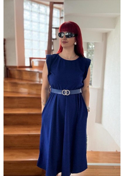 Mavi Vatkalı Kemerli Elbise