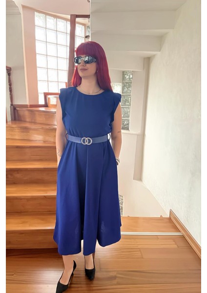Mavi Vatkalı Kemerli Elbise fiyatları