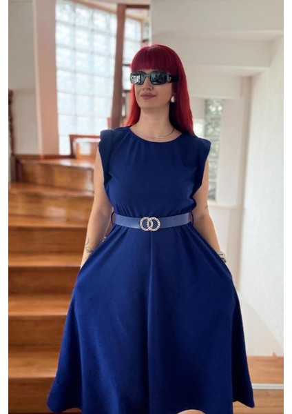 Mavi Vatkalı Kemerli Elbise modelleri