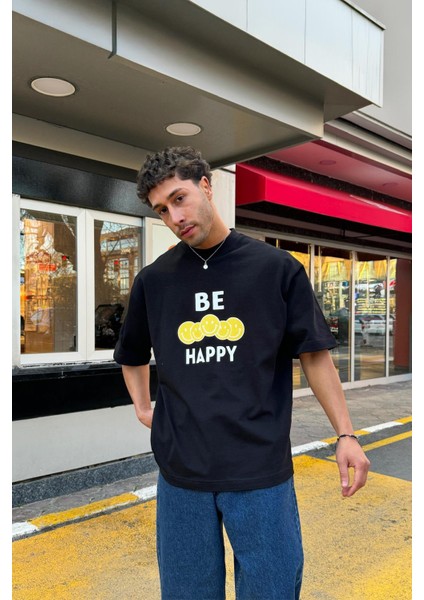 Be Happy Baskılı Siyah Oversize Tişört
