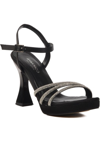 448186 Z Siyah Saten Taşlı Kadın Topuklu Ayakkabı Düğün Nişan Ayakkabısı