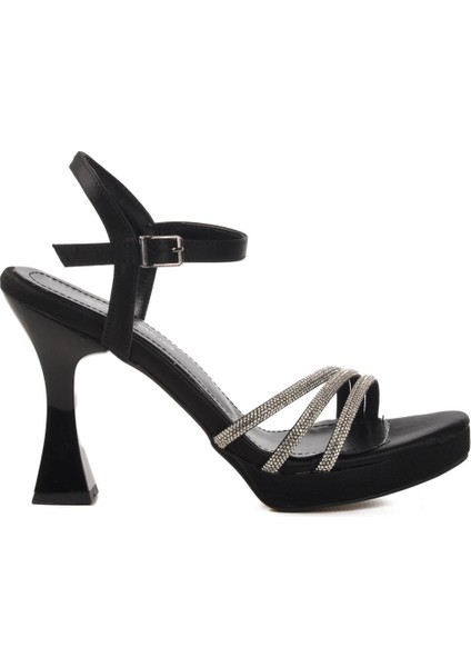 448186 Z Siyah Saten Taşlı Kadın Topuklu Ayakkabı Düğün Nişan Ayakkabısı modelleri