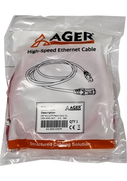 AC-602-030 3 mt Utp Cat6 Patch Kablo Kırmızı Cu, Lszh Awg 26/7