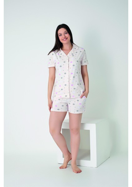 Kadın Yazlık Puantiyeli Önden Düğmeli Şortlu Penye Lycra Pijama Takımı