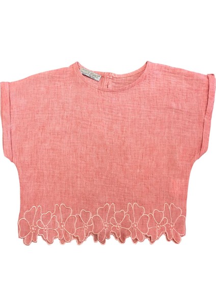 Kız Çocuk Çiçek Nakışlı Keten Takım