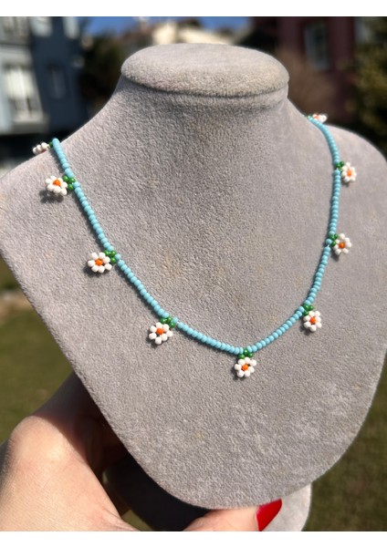 Kadın Çocuk Turkuaz Papatyalı El Yapımı Kum Boncuk Kolye Aksesuar Takı