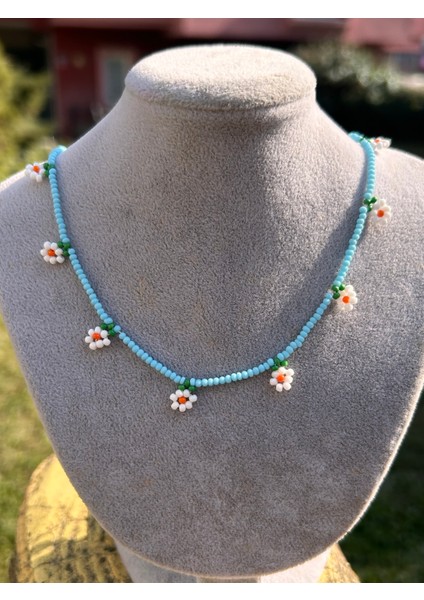 Kadın Çocuk Turkuaz Papatyalı El Yapımı Kum Boncuk Kolye Aksesuar Takı fiyatları