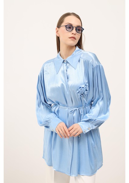 Yakası Çiçek Broşlu Tunik Bebe Mavisi