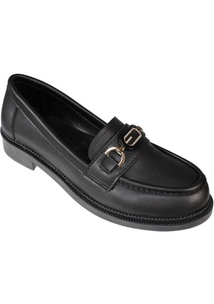 Yazkış Kadın Siyah Ten Cilt Üzeri Oval Taşlı Oxford Babet Ayakkabı