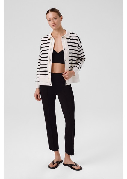 Ekru Siyah Çizgili Kadın Ceket