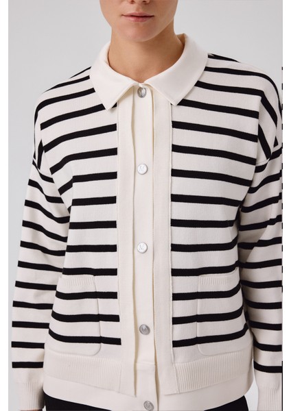Ekru Siyah Çizgili Kadın Ceket modelleri
