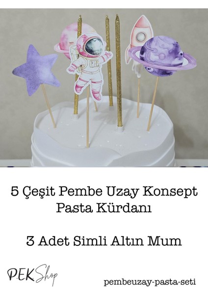 Pembe Uzay Konsept Pasta Süsleri Seti Pasta Mumu ve Pasta Kürdanları Süsleme Seti 8 Parça fiyatları
