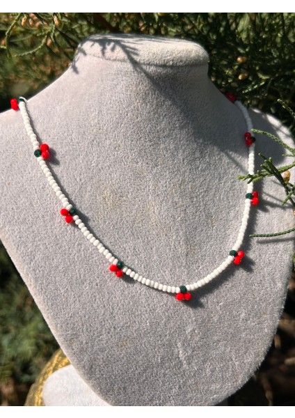 Kadın Çocuk Beyaz Kırmızı Kiraz El Yapımı Kum Boncuk Kolye Aksesuar Takı