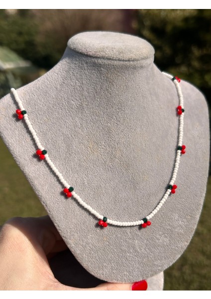 Kadın Çocuk Beyaz Kırmızı Kiraz El Yapımı Kum Boncuk Kolye Aksesuar Takı fiyatları