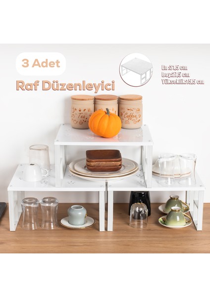 Org-01 - 3lü Raf Düzenleyici - Dolap Içi Düzenleyici Raf - Mutfak Tabak Bardak Rafı