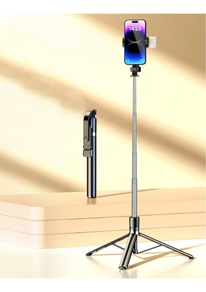 Kumandalı Selfie+Masaüstü Tripod Yüksekliği Ayarlanabilir 170 cm Işıklı Tripod R1S-L