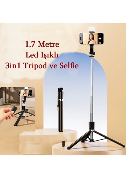 Kumandalı Selfie+Masaüstü Tripod Yüksekliği Ayarlanabilir 170 cm Işıklı Tripod R1S-L