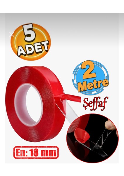 Vhb Akrilik Silikonize Çift Taraflı Şeffaf Bant 2 mt x 18 mm (5 Adet)