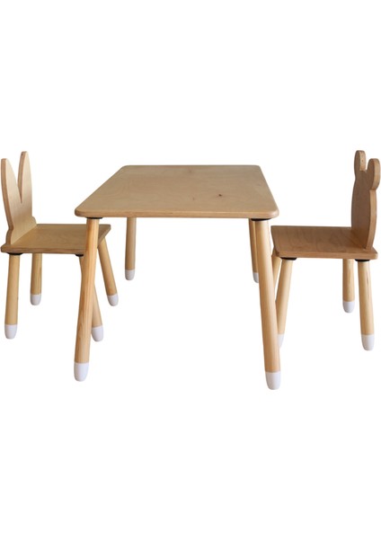 Wood&joy Doğal Ahşap Düz Etkinlik Masası, Çalışma Masası + 2 Sandalye Seti