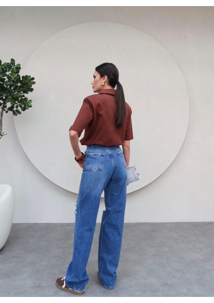 Yırtık Detaylı Geniş Paça Jean modelleri