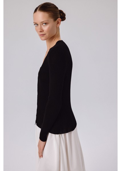 Siyah V Yaka Fitilli Ince Kadın Hırka modelleri