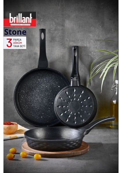 Stone Tava Seti 3 Parça Döküm 20-24-28CM Bio Granit Kaplama Yanmaz Yapışmaz