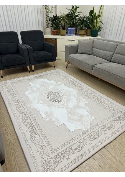 Lastikli Mikro Polar Halı Örtüsü - Yıkanabilir - Dijital Baskı - Erva Kahve