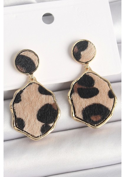 Pirinç Gold Renk Sallantı Leopar Desen Plaka Model Kadın Küpe
