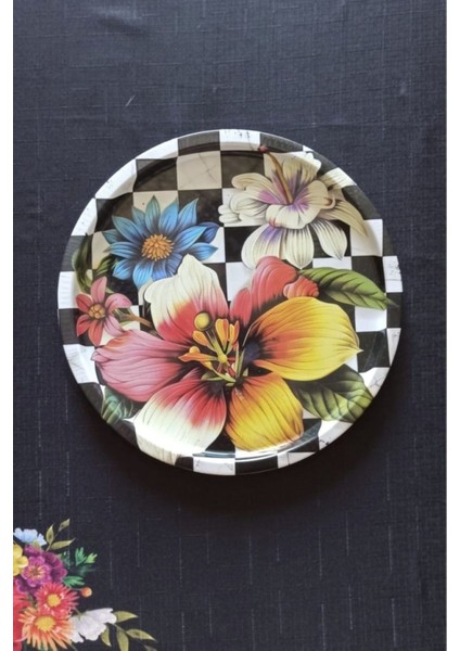 Desenli Modern Tepsi Çok Amaçlı Sunum Tepsisi 32 cm Yuvarlak Tepsi