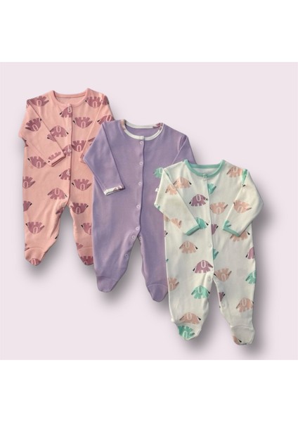Kız Bebek Fil Desenli 3 'lü Tulum Set %100 Pamuk
