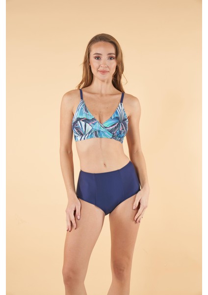 Yüksek Bel Kruvaze Yaprak Desenli Bikini Takımı - Lacivert