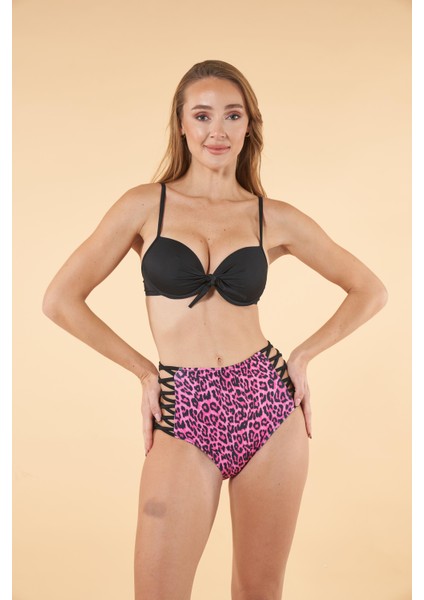 Desenli Yüksek Bel Britli Bikini Takımı - Siyah Mor