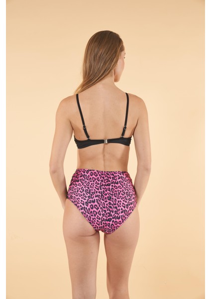 Desenli Yüksek Bel Britli Bikini Takımı - Siyah Mor