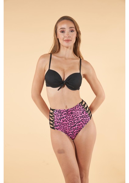 Desenli Yüksek Bel Britli Bikini Takımı - Siyah Mor