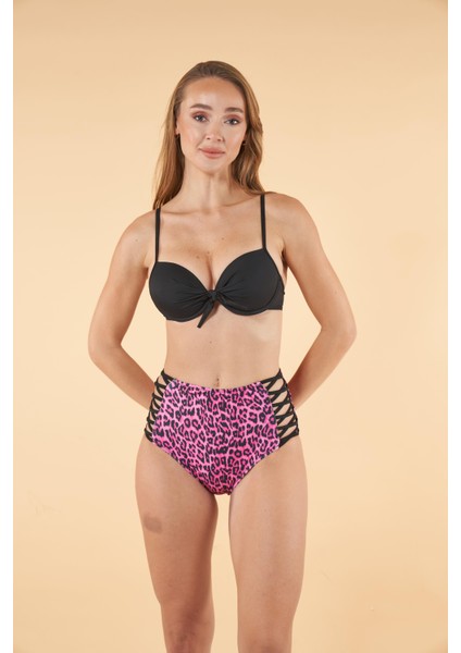 Desenli Yüksek Bel Britli Bikini Takımı - Siyah Mor