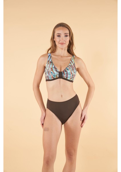 Dijital Desenli Toparlayıcı Luplu Bikini Takımı - Kahverengi