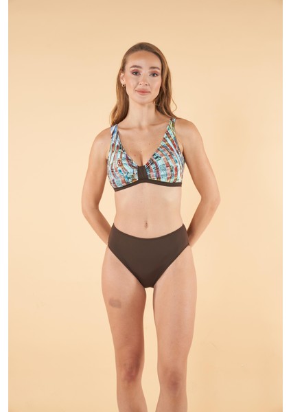 Dijital Desenli Toparlayıcı Luplu Bikini Takımı - Kahverengi modelleri