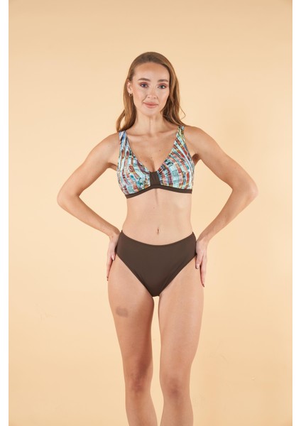 Dijital Desenli Toparlayıcı Luplu Bikini Takımı - Kahverengi fırsatları