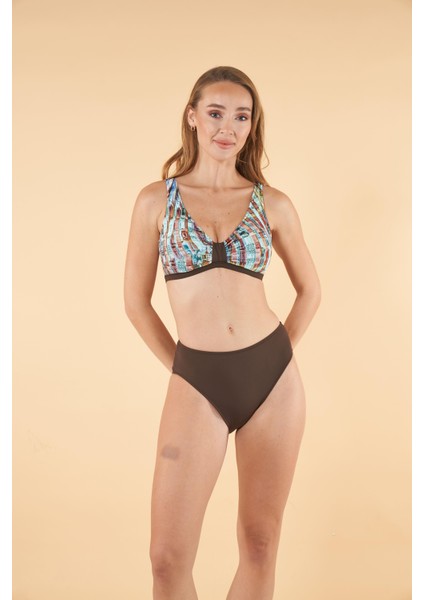 Dijital Desenli Toparlayıcı Luplu Bikini Takımı - Kahverengi indirimleri