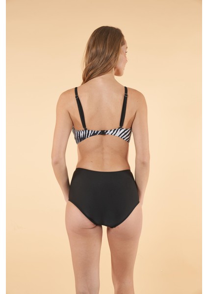 Yüksek Bel Kruvaze Zebra Desenli Bikini Takımı - Siyah